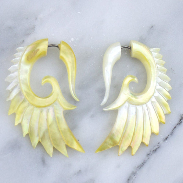 Mother of Pearl Angel Wing Fake Gauges Earrings