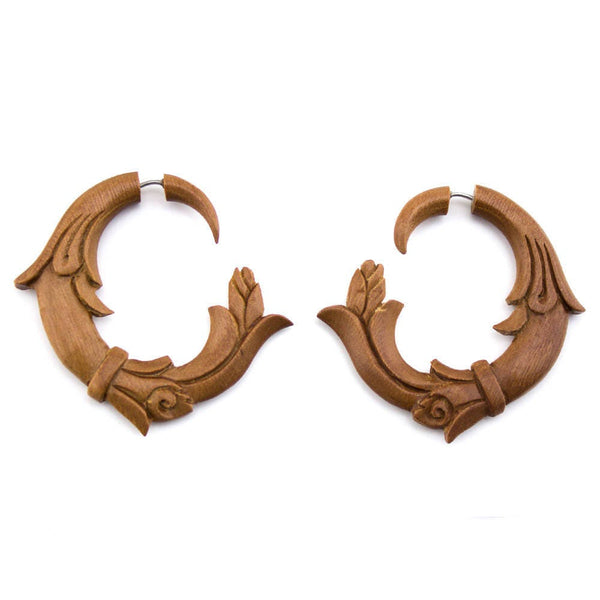 Sunburst Wooden Spiral Fake Gauges Earrings