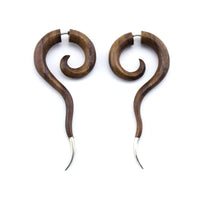 Swirly Tail Spiral Brass Tip Wooden Fake Gauges Earrings