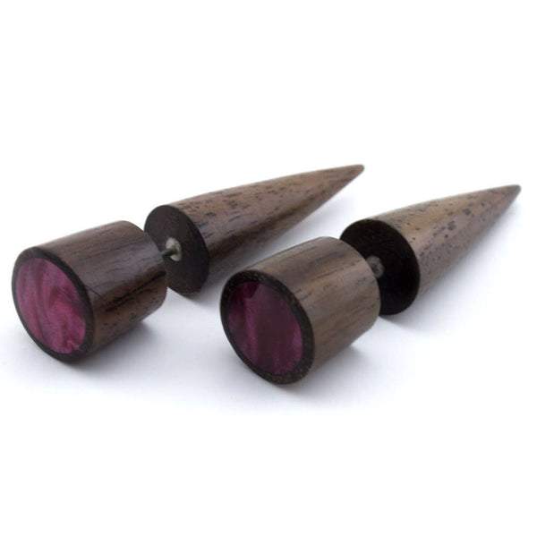 Sono Wooden Fake Gauge Taper Earring with Magenta Resin Inlay