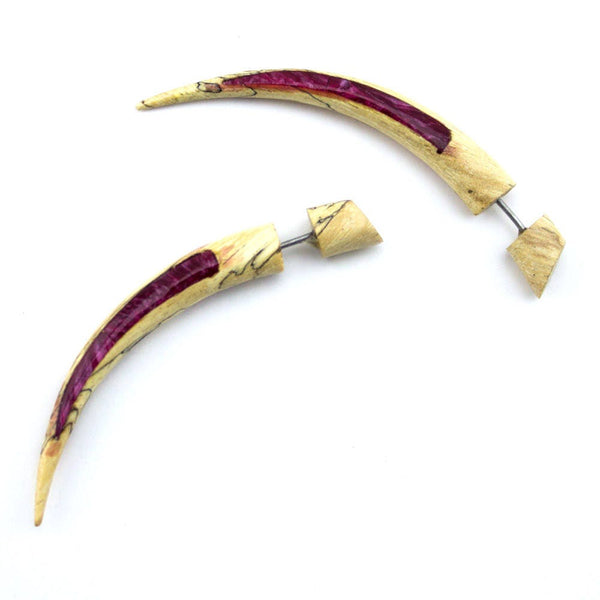 Tamarind Wooden Taper with Magenta Resin Inlay Fake Gauges Earrings