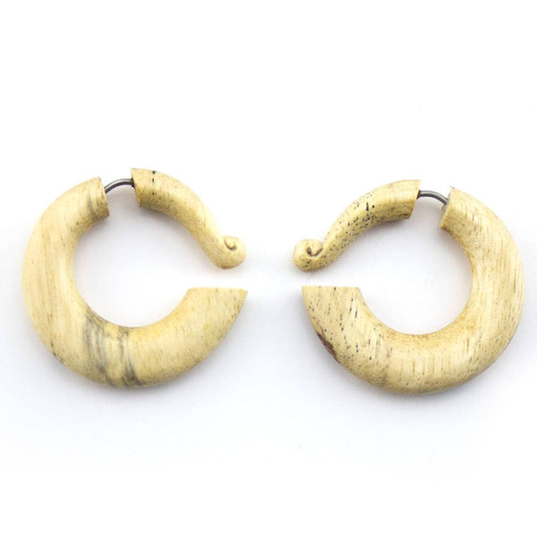 Tamarind Wooden Hoop Fake Gauge Earrings