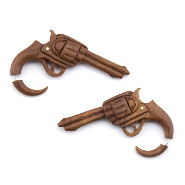 Wooden Revolver Fake Gauges Earrings