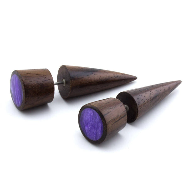Sono Wooden Fake Gauge Taper Earring with Purple Resin Inlay