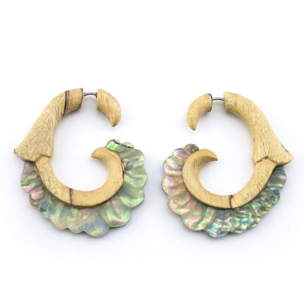 Wooden Spiral Spade Paula Shell Fake Gauges Earrings