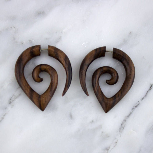 Wooden Ramsen Spiral Fake Gauges Earrings